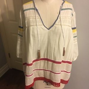 Anthropologie White Gauzy Peasant Blouse with Pink, Yellow & Blue Trim